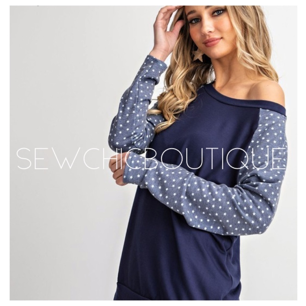 Navy Blue Side Star Contrast Sweatshirt Top